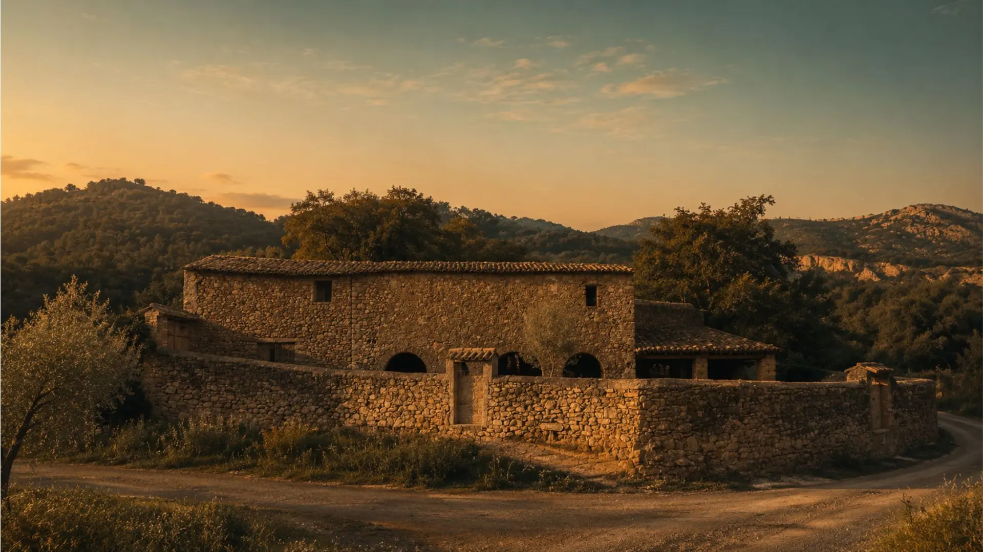 Vista de Finca Lady Marso al atardecer junto al Segre
