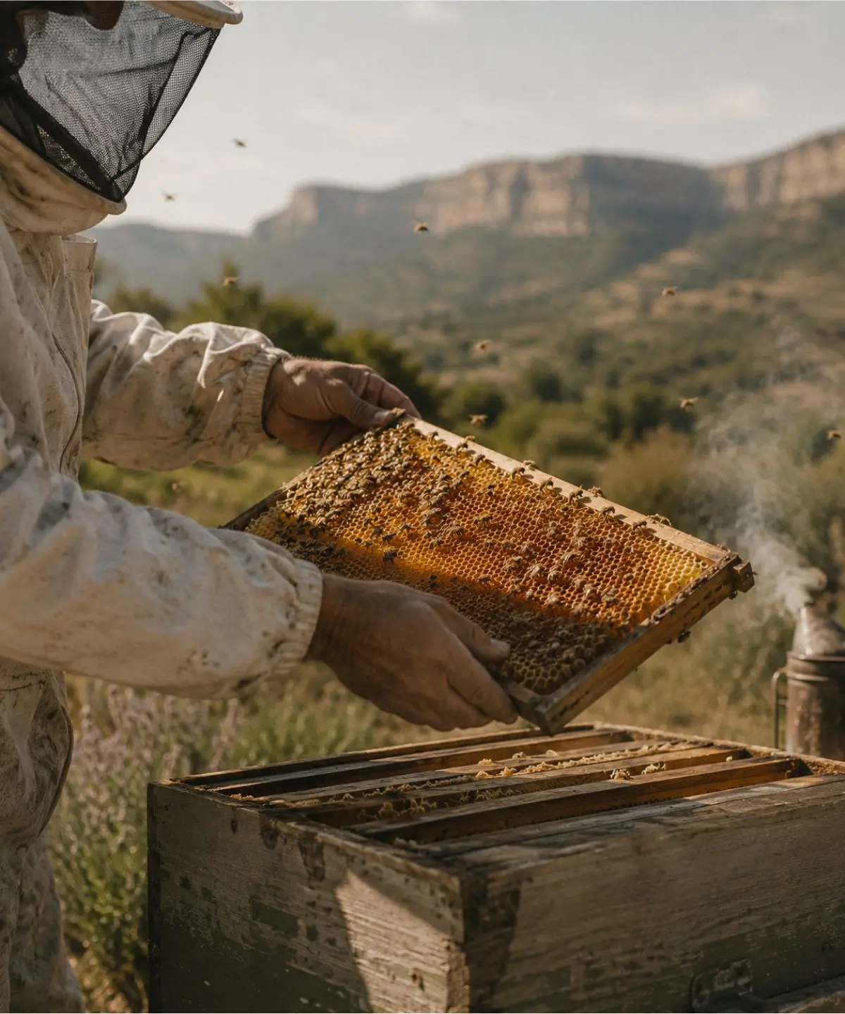 Las abejas trabajando en una colmena de la finca